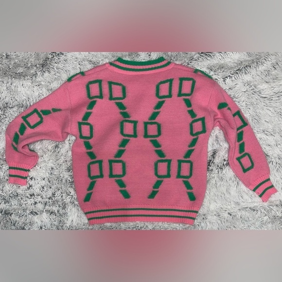 Retro style Cardigan Jersey Pink and Green - Picture 2 of 8